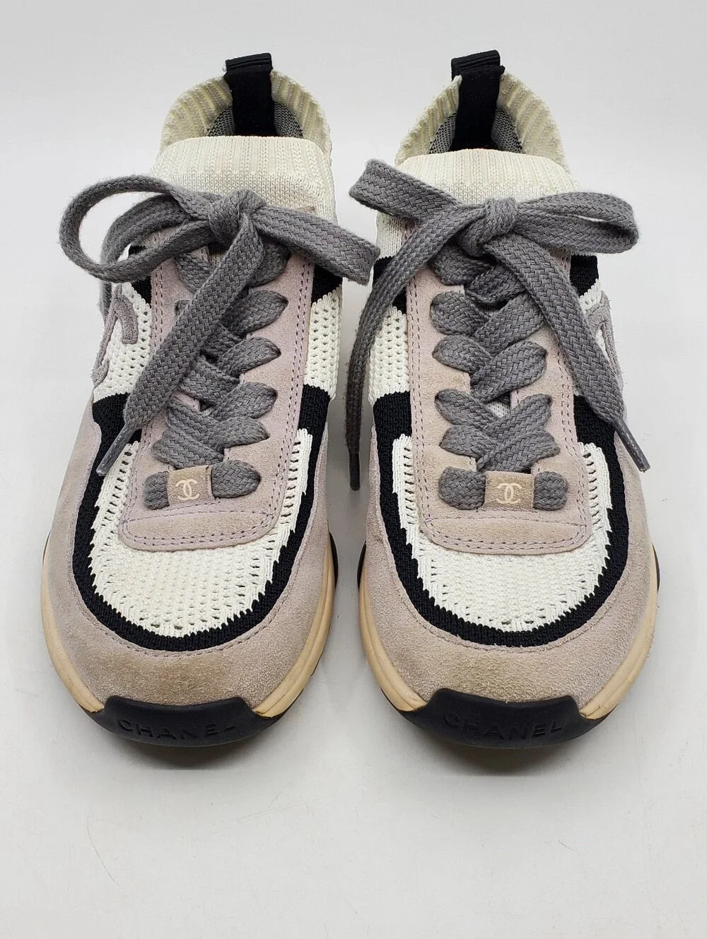 Chanel CC Low Top Suede And Knit Mesh Sneakers
